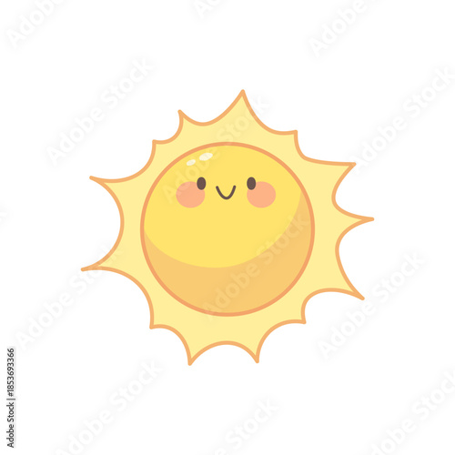 Happy cartoon sun with outline on white. Vector character in kawaii style. Isolated element for kids design, kawaii games