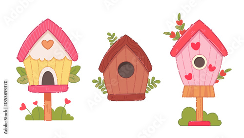 Cute birdhouses with flowers and branches. Spring wooden birdhouses isolated on white, vector illustration