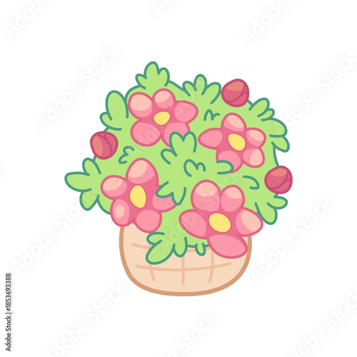 Kawaii flower basket with pink blossoms and green leaves. Cartoon vector illustration with outline, isolated on white background. Spring icon for games, kids design