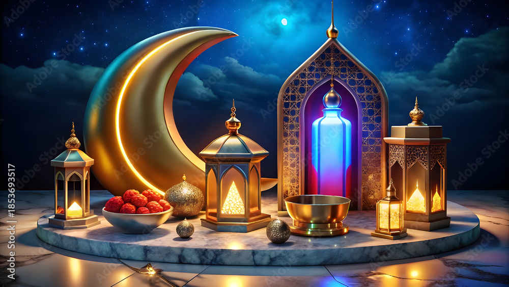 Obraz premium Elegant Ramadan Lanterns with Crescent Moon Under a Starry Night Sky 
