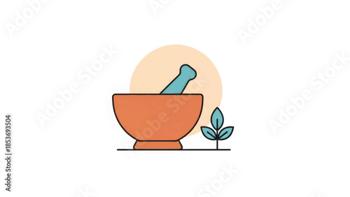 Mortar and pestle with herbal plant leaves. Pharmacy and natural medicine concept. Flat design vector icon illustration