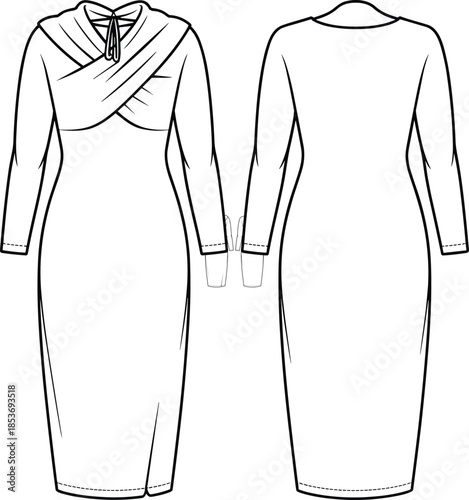 CAD drawing flat vector illustration of women's fitted long sleeve dress, crossover front design, tie neckline detail, pencil skirt silhouette, fashion technical sketch.