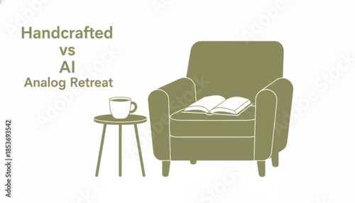 Minimalist vector illustration of an armchair with an open book and coffee mug. Analog retreat concept vs AI text. Flat design furniture isolated on white background