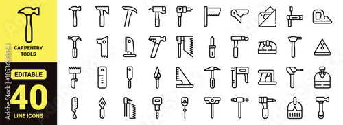 Hand Tools Line Icon Set for Construction, Carpentry, Repair and DIY Projects with Editable Outline Vector Symbols