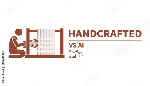 Handcrafted vs AI concept illustration. Traditional artisan weaving on a loom compared to artificial intelligence automation. Minimalist vector design