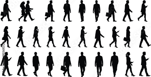 Silhouettes of business people walking, professionals using smartphones, office workers in motion, corporate vector illustration, isolated on white background