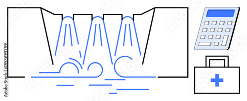 Renewable energy, hydroenergy, sustainability, cost analysis, water technology, industrial safety. Flowing water, calculator and medical kit illustration. Hydroenergy and sustainability concept