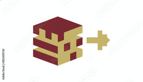 Isometric pixel data block with arrow. Retro minimalist vector illustration for fintech and digital processing. Workflow concept