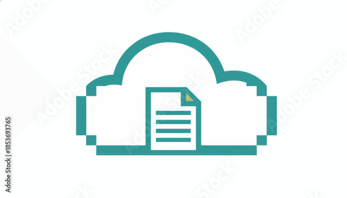 Retro pixel cloud with document icon. Digital data storage and file management concept. Minimalist vector illustration for fintech and work