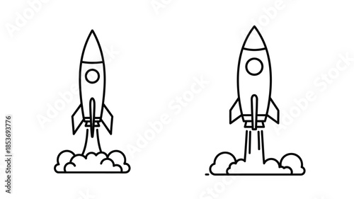 Simple outline illustration of two rockets launching with exhaust flames