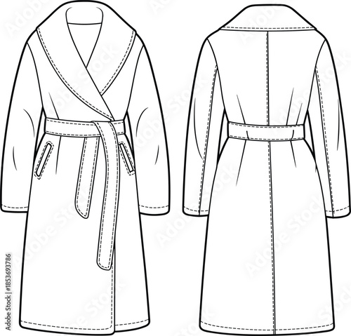 CAD drawing flat vector illustration of women's belted coat with shawl collar, side pockets, long sleeve outerwear, fashion technical sketch.