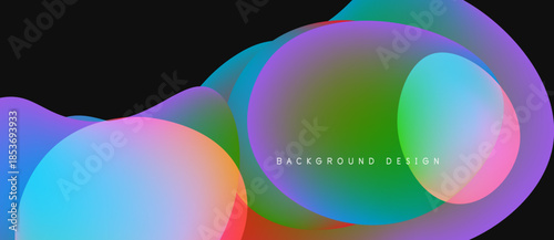 Abstract colorful shapes overlap, creating vibrant visual effect. Background is dark, design feels modern, fluid.