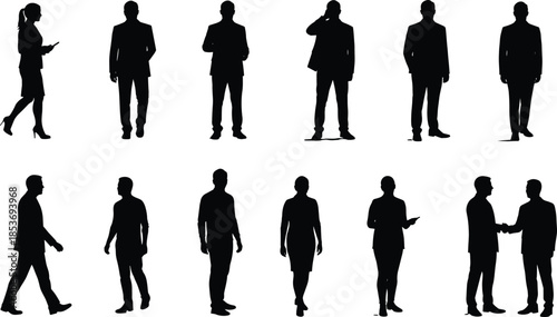 Business people silhouettes, professional men and women walking, shaking hands, talking on phone, formal wear, corporate teamwork, communication, office interaction, leadership