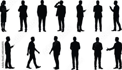 Business people silhouettes, professional office workers standing, walking, talking on phone, holding tablet, formal dress, corporate team, communication, teamwork, business meeting