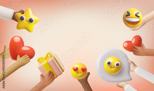 Hands giving red hearts, happy emoji emoticons, gift box, love and emotional support 3D vector positive emotion exchange
