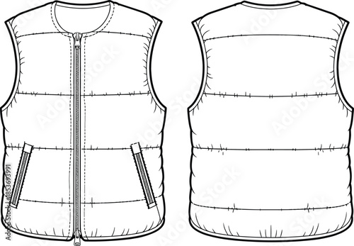CAD drawing flat vector illustration of quilted sleeveless puffer vest, front and back technical sketch, winter apparel fashion design.