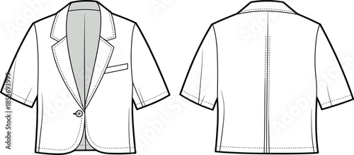 CAD drawing flat vector illustration of women’s short sleeve blazer jacket, front and back technical sketch, fashion design template.