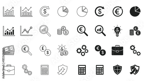 Collection of financial and business icons depicting growth money and analysis
