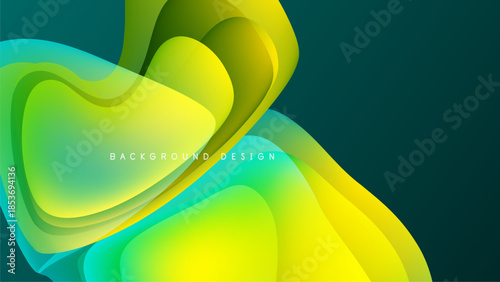 Abstract fluid shapes, vibrant green, yellow hues. Dynamic composition over dark background. Modern design element.