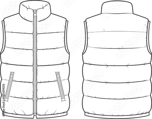 CAD drawing flat vector illustration of sleeveless padded puffer vest jacket with zipper pockets, front and back technical sketch.