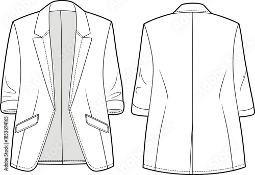 CAD drawing flat vector illustration of women’s blazer jacket with rolled sleeves, front and back view, technical fashion sketch.