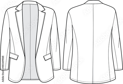 CAD drawing flat vector illustration of men’s blazer jacket, front and back view, technical sketch for fashion design industry.