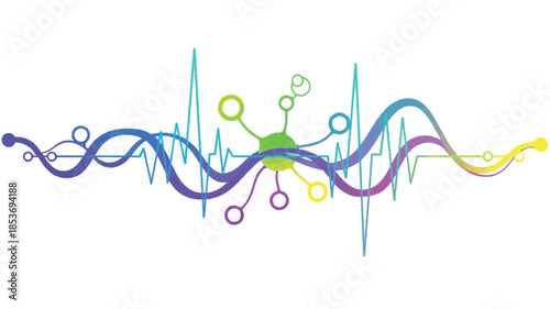 Abstract colorful design featuring waveforms circles and connecting lines