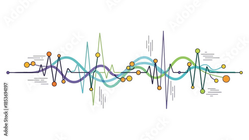 Abstract representation of a waveform with colorful lines and circular nodes