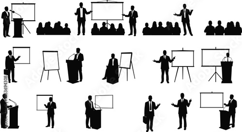 Business presentation silhouettes, speaker at podium, audience listening, flip chart, professional training, seminar, corporate conference, public speaking event