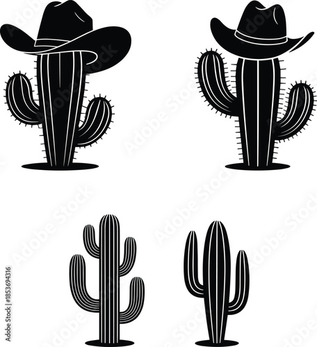 Cactus silhouette vector set, black desert plant icons with cowboy hats, western style illustrations for nature design, southwest art, and decorative graphics