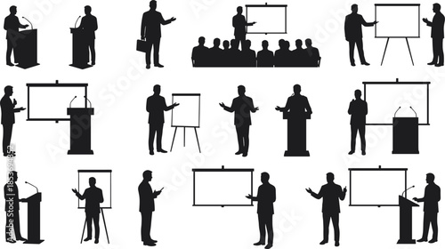 Business presentation silhouettes, corporate training, public speaking, office meeting, speaker podium, seminar setup, leadership concept, conference illustration, audience engagement