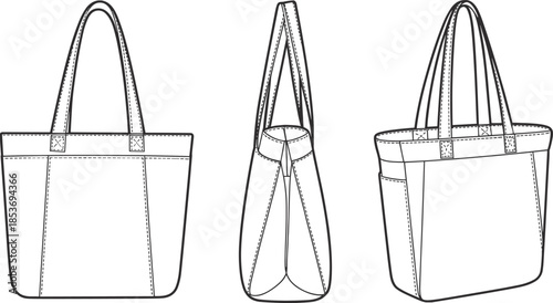 CAD drawing flat vector illustration of structured tote bag with side pocket, front view, side view, fashion accessory, durable handbag design template.