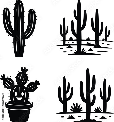 Cactus vector silhouettes, desert plants illustration, succulent cactus art, potted cactus cartoon, desert landscape icons, thorny plant graphics, desert flora design
