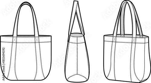 CAD drawing flat vector illustration of tote bag with long handles, side view, front view, durable design, fashion accessory, shopping bag template.