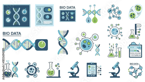 Colorful bio data icons depicting genetics microbiology and scientific research