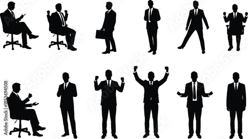 Businessman silhouette collection, professional office poses, corporate success concept, team leadership gestures, workplace communication, modern career motivation icons