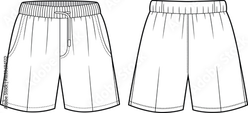 CAD drawing flat vector illustration of men’s elastic waist shorts with front pockets, casual summer fashion, technical clothing design template.