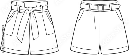 CAD drawing flat vector illustration of women’s belted shorts with front pockets, fashion technical sketch for summer casual clothing design.