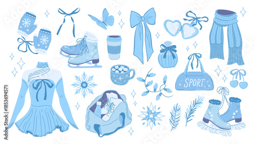 Figure skating set. Blue elements for winter sports, active leisure and professional figure skating designs.