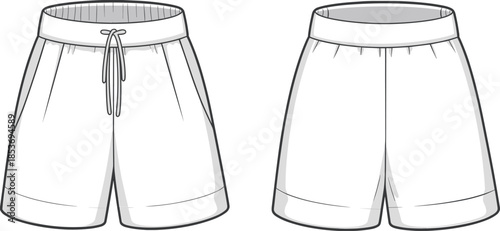 CAD drawing flat vector illustration of men’s drawstring shorts with waistband, side pockets, casual wear for fashion tech pack.