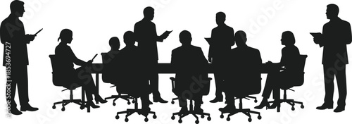 Business team in office meeting, corporate professionals discussing strategy, company boardroom collaboration, executive brainstorming session, leadership planning, teamwork communication.