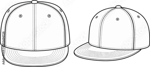 CAD drawing flat vector illustration of classic snapback hat, showing front and angled views, perfect for fashion and accessory design.