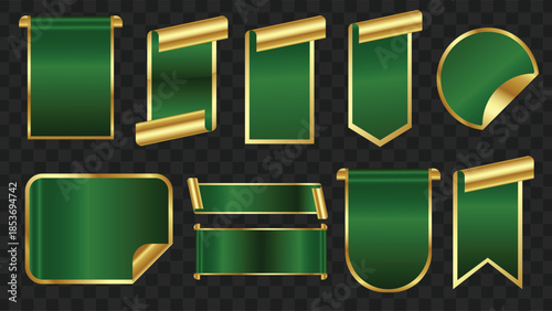Collection of green banners and labels with golden edges and curled corners on transparent background.