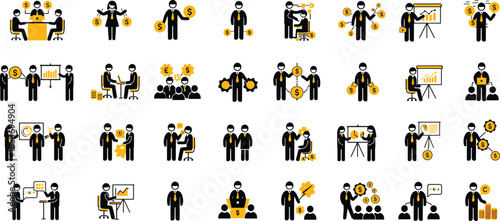 Business finance icons, financial teamwork, corporate strategy, data planning, profit analysis, investment symbols, money management, business operations, economic growth icons