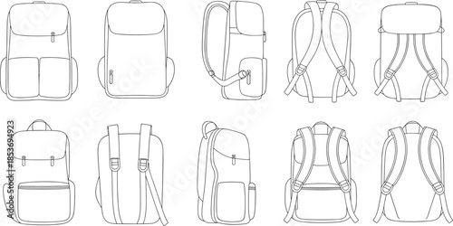 CAD drawing flat vector illustration of multiple backpack views, technical fashion sketches, school bag design, minimal outline, zipper pockets, straps.