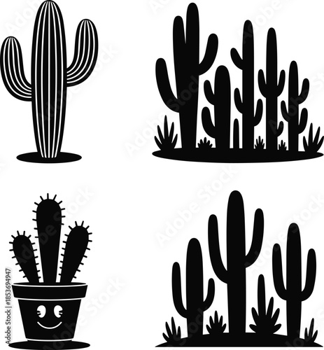 Cactus silhouette vector collection with desert plants, cartoon potted cactus, and saguaro elements, black and white illustration isolated on white background.