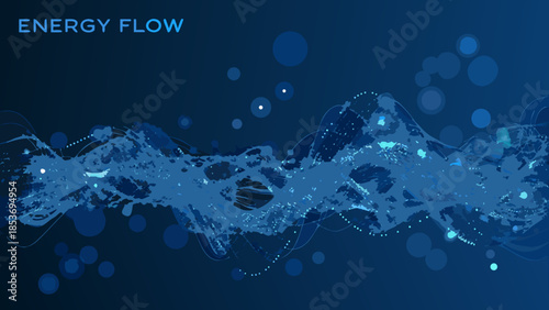 Abstract blue energy flow with glowing particles and wave like structure