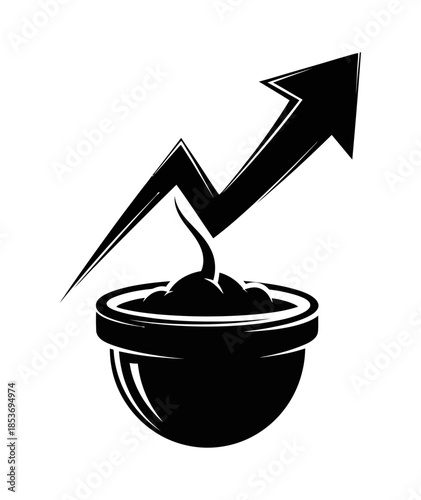 Dynamic culinary ascent symbol featuring a bowl overflowing with potential, signifying significant food industry growth, recipe enhancement, and gastronomic success trends