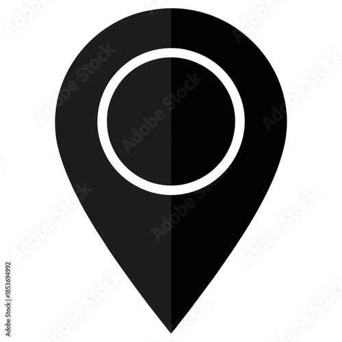 A sleek, modern black map pin icon with a bold white inner circle, meticulously designed for representing precise geographic locations