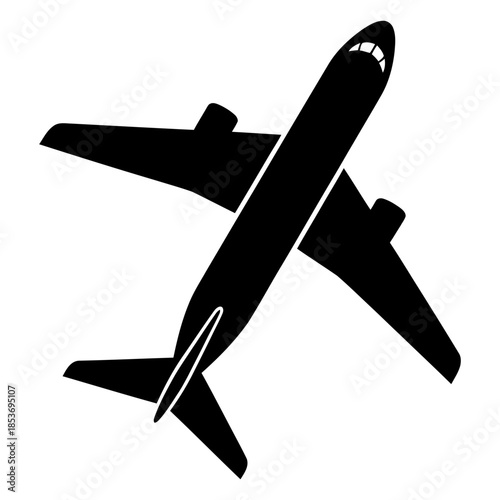 A silhouetted airplane in flight, viewed from above, with its wings extended and engines clearly visible, ready for aerial transportation